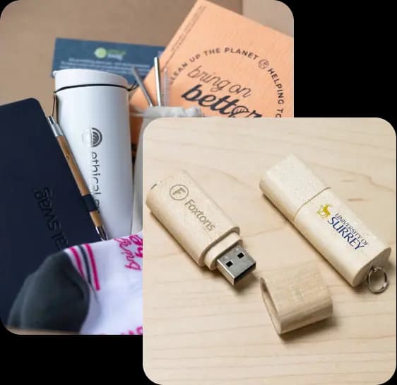 Curated selection of sustainable promotional products including notebooks, water bottles, socks, and USB drives