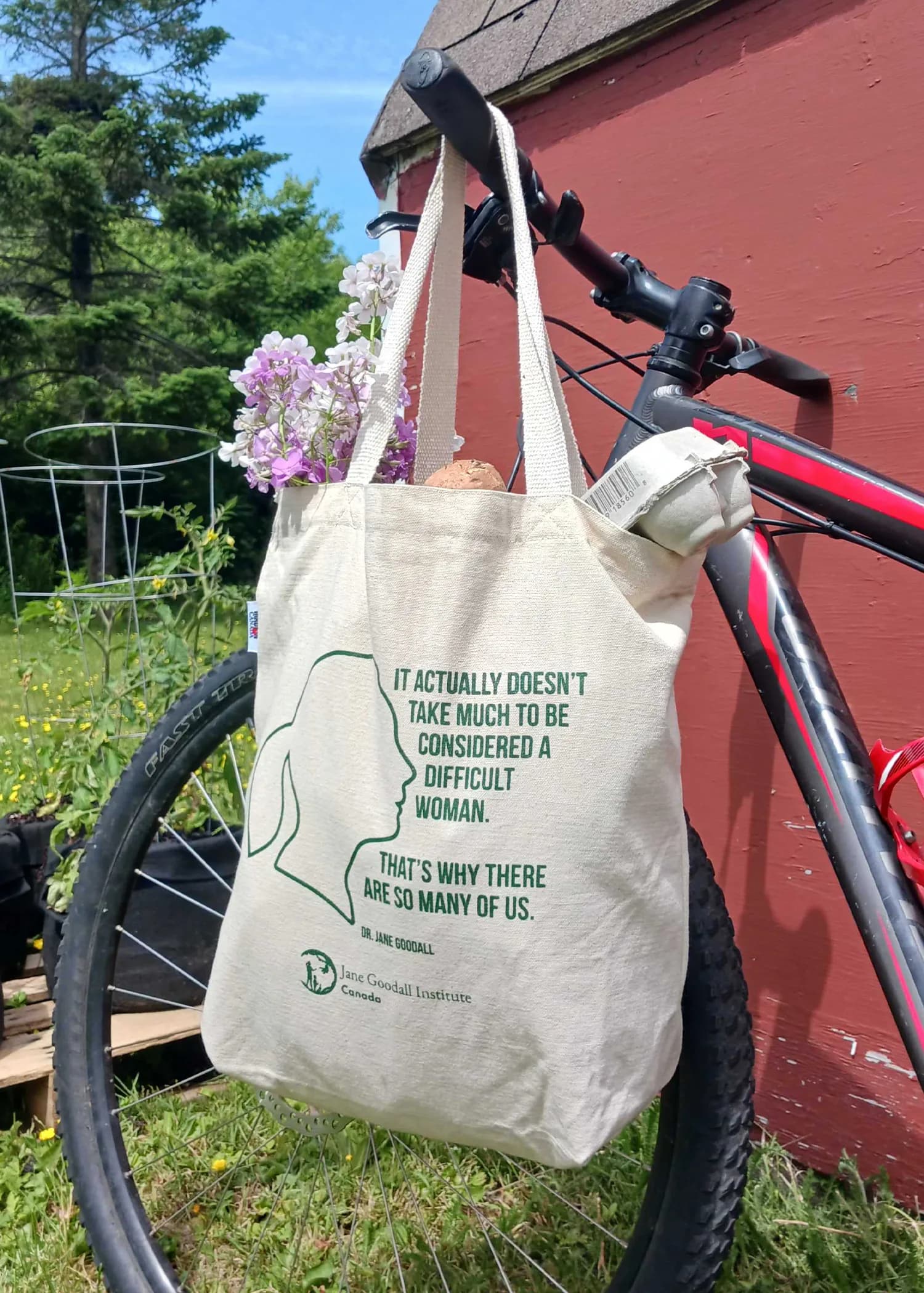 Jane Goodall Institute Canada tote bag hanging from a bicycle handlebar