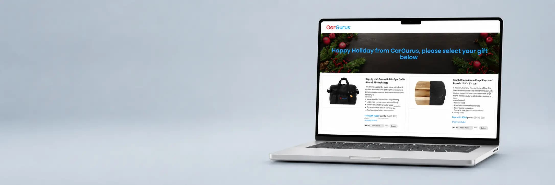 CarGurus holiday pop-up shop on a laptop screen, with a 'select your gift' page offering a canvas duffel bag and an acacia wood chopping board as employee gift choices