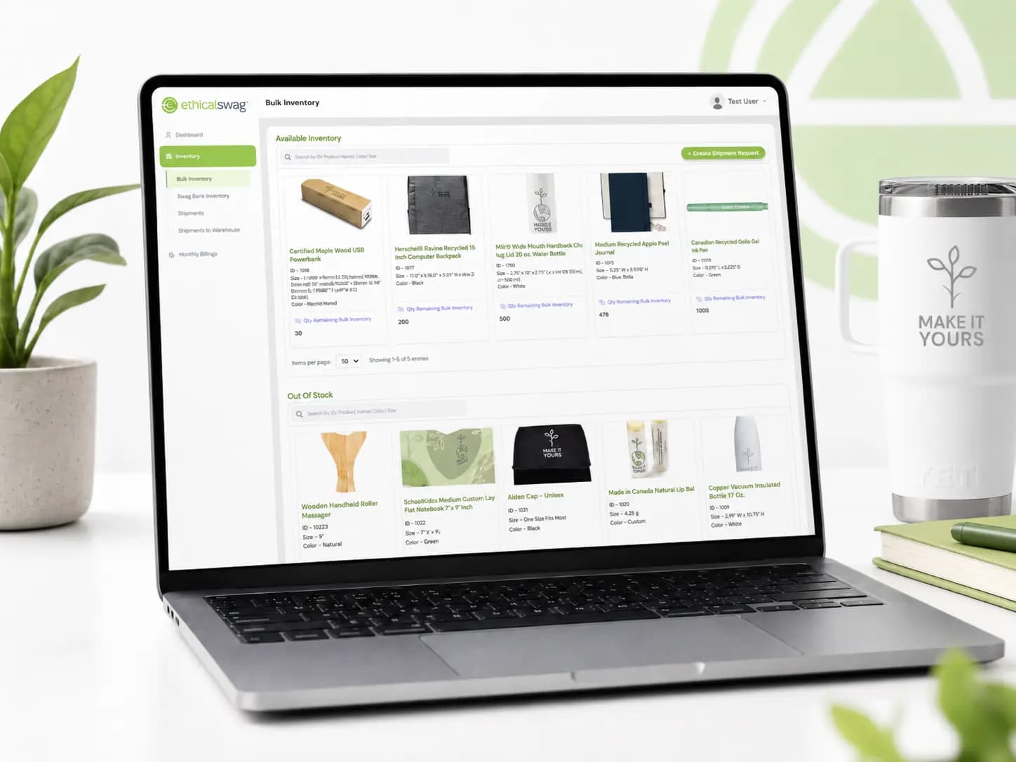 SwagCentral bulk inventory dashboard on a laptop screen, listing branded products with stock quantities and a Create Shipment Request button