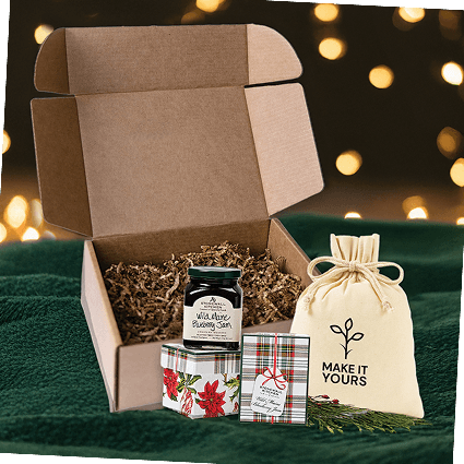 Made in USA gift set - open gift box with jam, plaid box and MAKE IT YOURS pouch