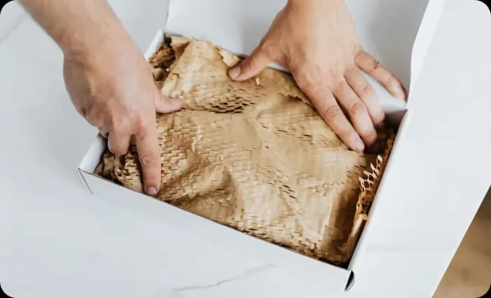 Hands arranging eco-friendly packing material in a box