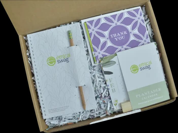 Ethical Swag branded swag pack - notebook, thank you card, plantable calendar and eco-friendly products
