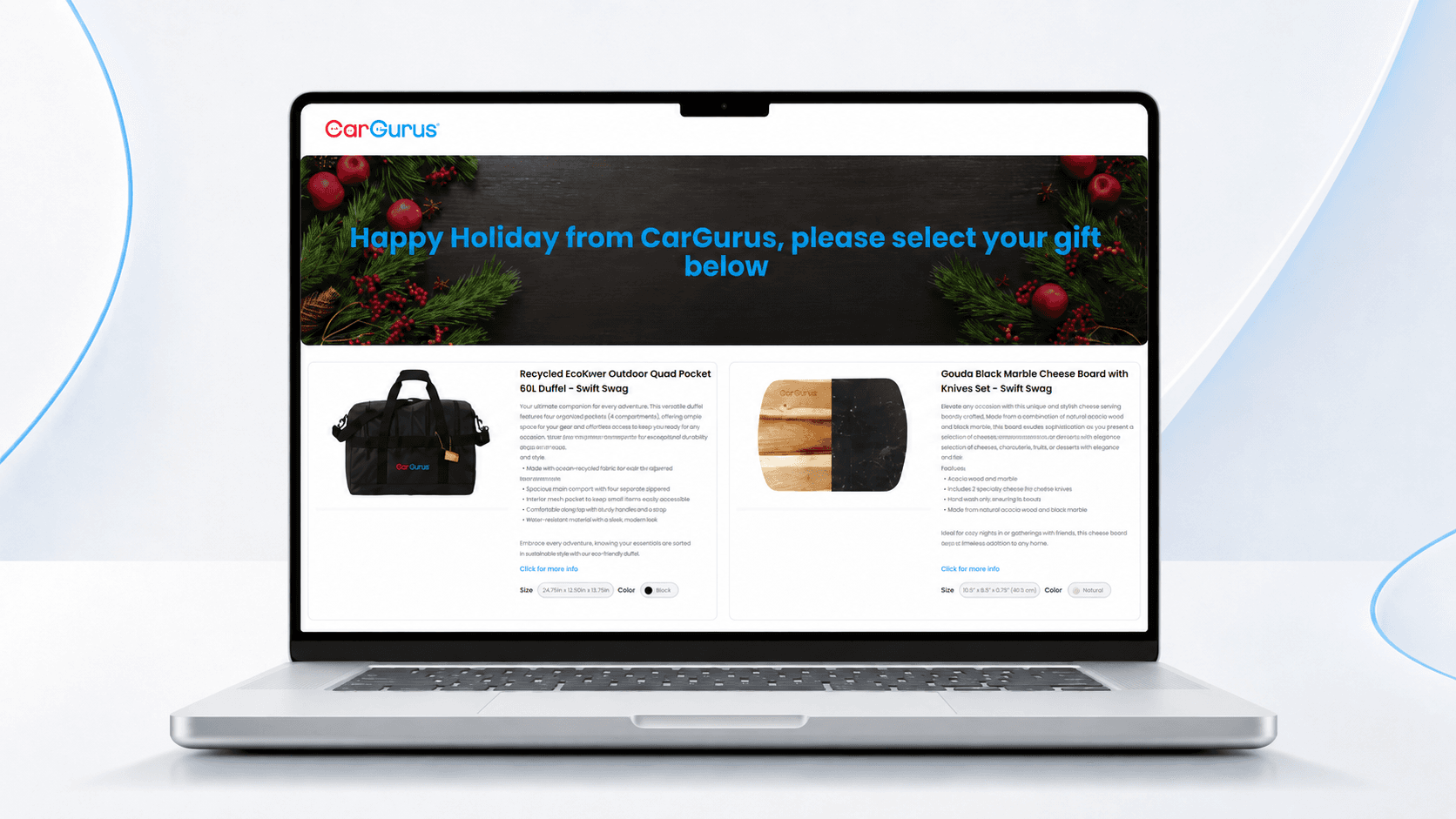 Laptop displaying the CarGurus holiday gift-selection pop-up shop with a duffel bag and cheese board