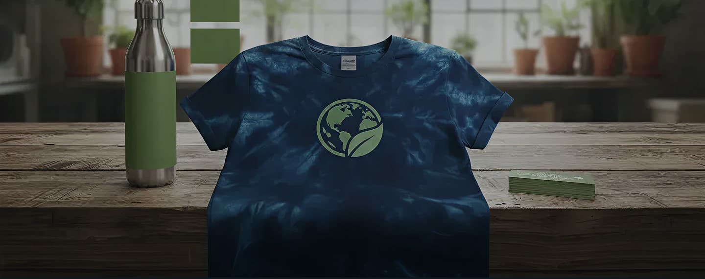 A green water bottle and a blue tie-dye t-shirt with an Earth-leaf logo on a wooden table, representing ethical swag.