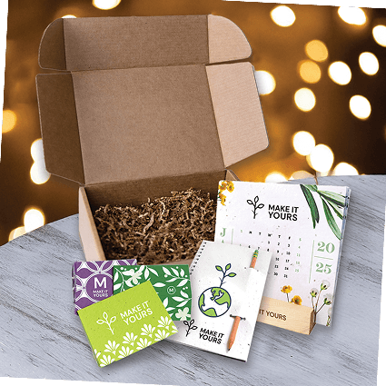 Time Manager Desktop Gift Set - open gift box with calendar, cards and sustainable swag