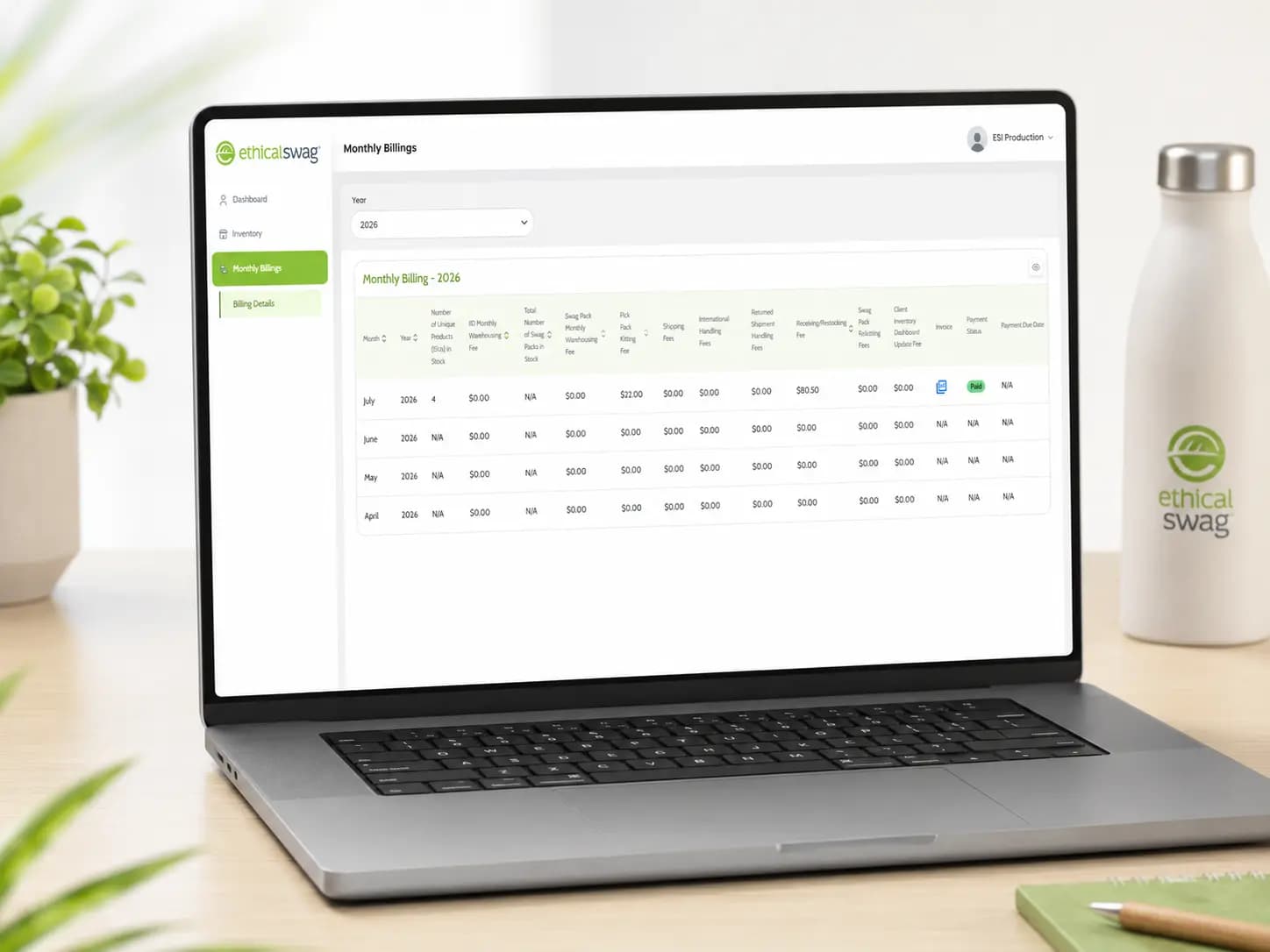 SwagCentral monthly billing dashboard on a laptop screen, showing warehousing, kitting, and shipping fees broken down by month